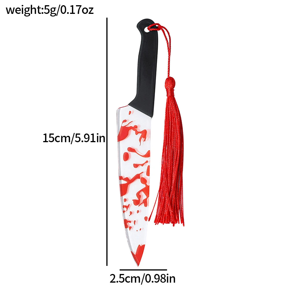 1Pcs Horror Knife Clear Acrylic Bookmark with Tassel, Halloween Themed Series Chopper Saw with Blood, Halloween for Bookworms