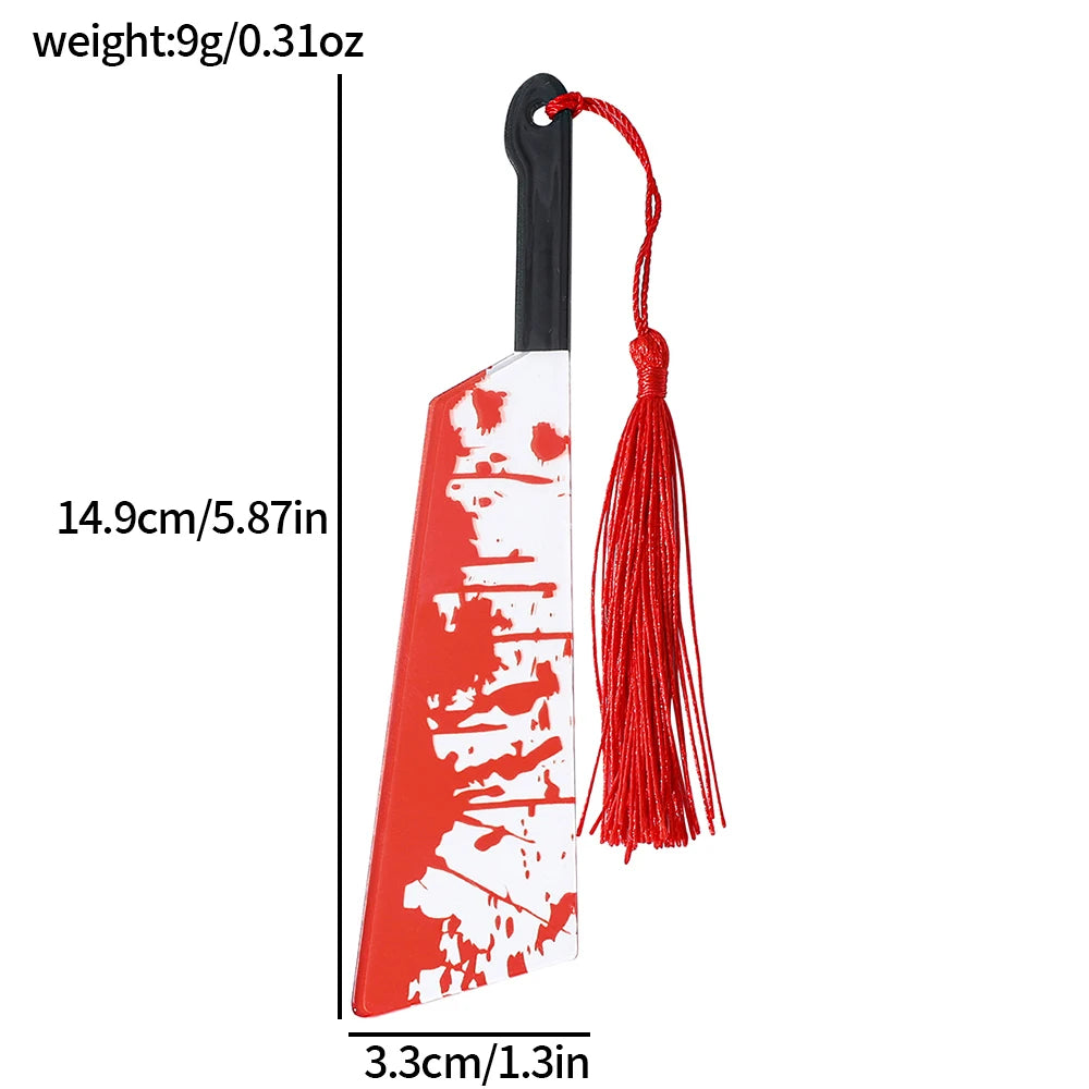 1Pcs Horror Knife Clear Acrylic Bookmark with Tassel, Halloween Themed Series Chopper Saw with Blood, Halloween for Bookworms