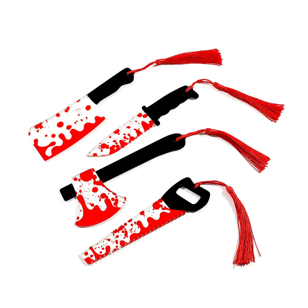 1Pcs Horror Knife Clear Acrylic Bookmark with Tassel, Halloween Themed Series Chopper Saw with Blood, Halloween for Bookworms