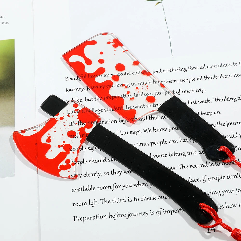 1Pcs Horror Knife Clear Acrylic Bookmark with Tassel, Halloween Themed Series Chopper Saw with Blood, Halloween for Bookworms