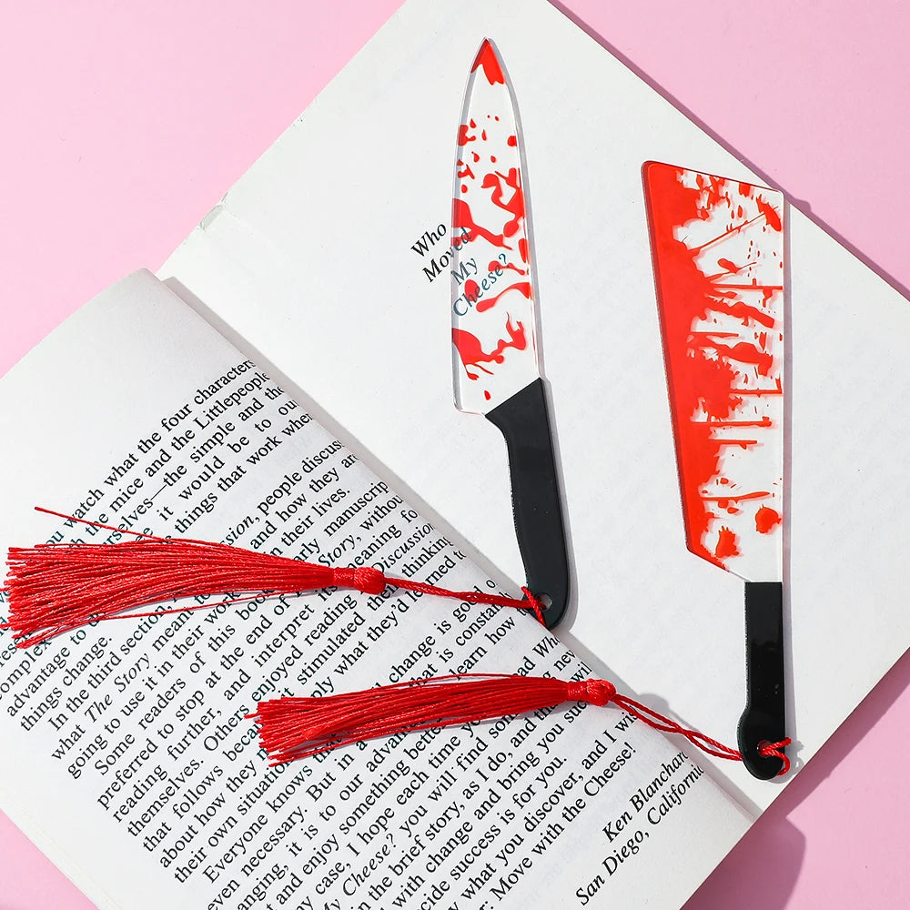 1Pcs Horror Knife Clear Acrylic Bookmark with Tassel, Halloween Themed Series Chopper Saw with Blood, Halloween for Bookworms