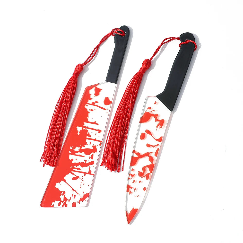 1Pcs Horror Knife Clear Acrylic Bookmark with Tassel, Halloween Themed Series Chopper Saw with Blood, Halloween for Bookworms