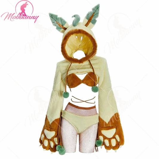Leafeon Inspired Cosplay Set – Fuzzy Paw Hoodie and Lingerie Outfit
