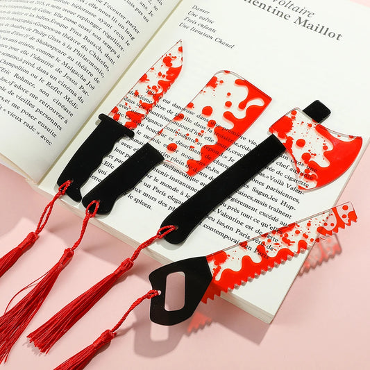 1Pcs Horror Knife Clear Acrylic Bookmark with Tassel, Halloween Themed Series Chopper Saw with Blood, Halloween for Bookworms