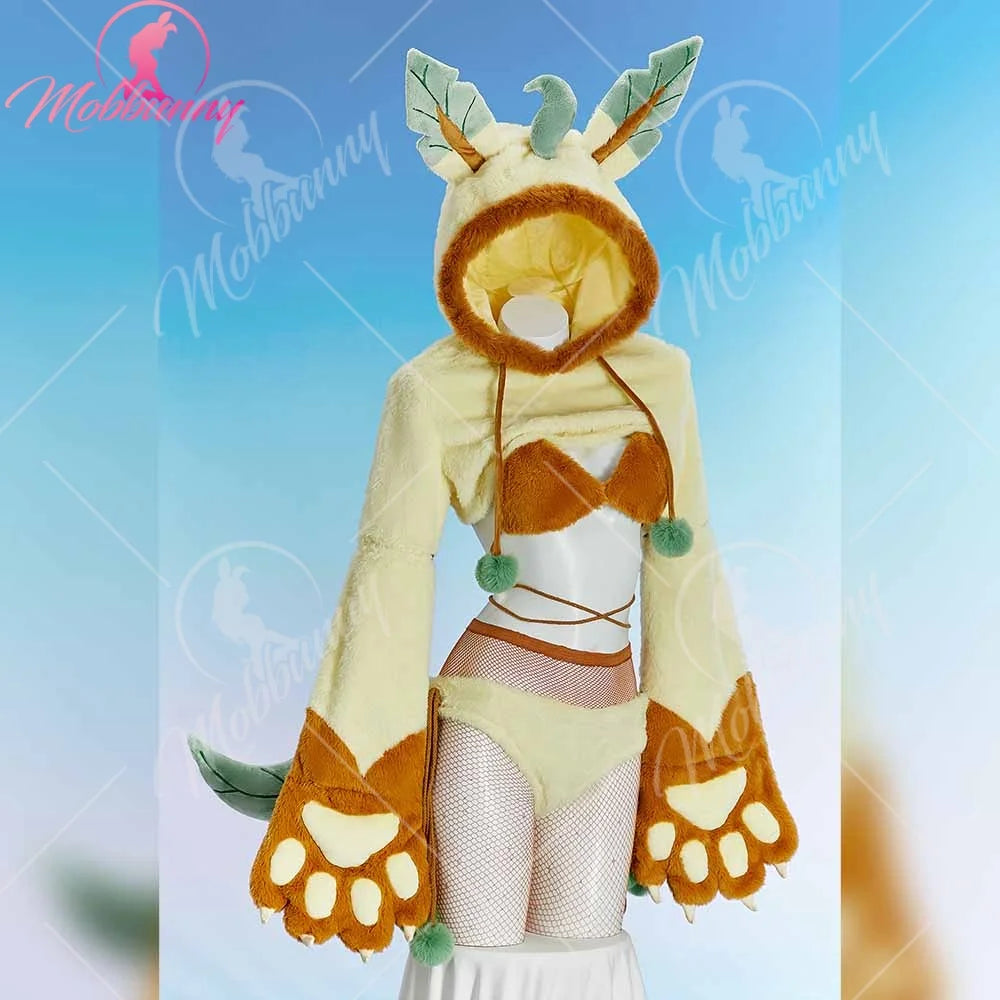 Leafeon Inspired Cosplay Set – Fuzzy Paw Hoodie and Lingerie Outfit